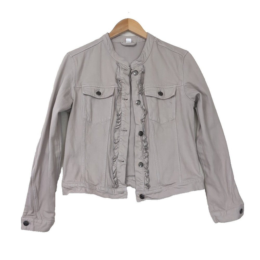 Garnet Hill Denim Jacket Womens 8 Gray Feminine Romantic Casual Ruffle‎ Trim